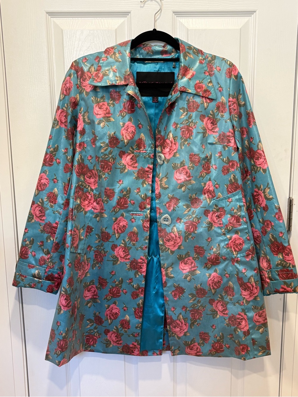 Betsy Johnson Women's Teal Floral Jacket - Pink Rose Print #1146